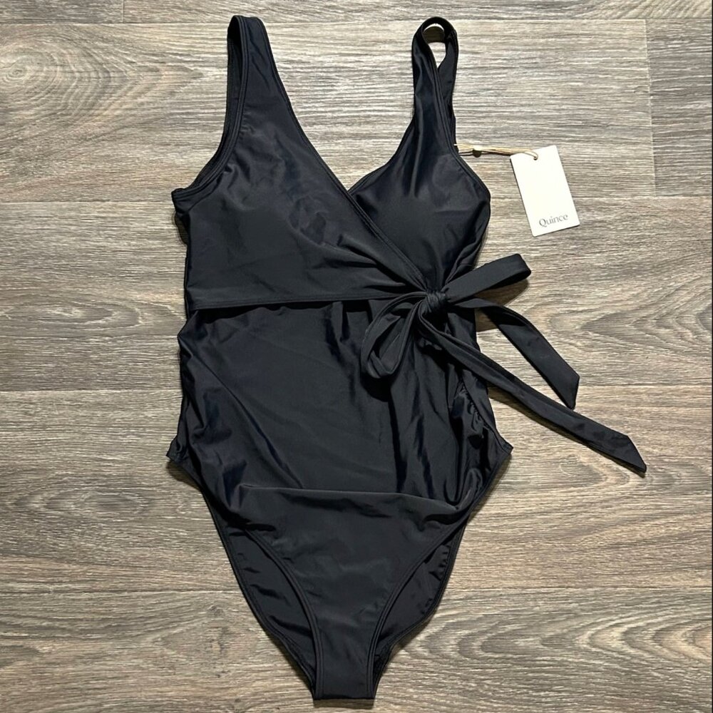 Quince Small talian Maternity Plunge Wrap One Piece Swimsuit Black Bathing Suit